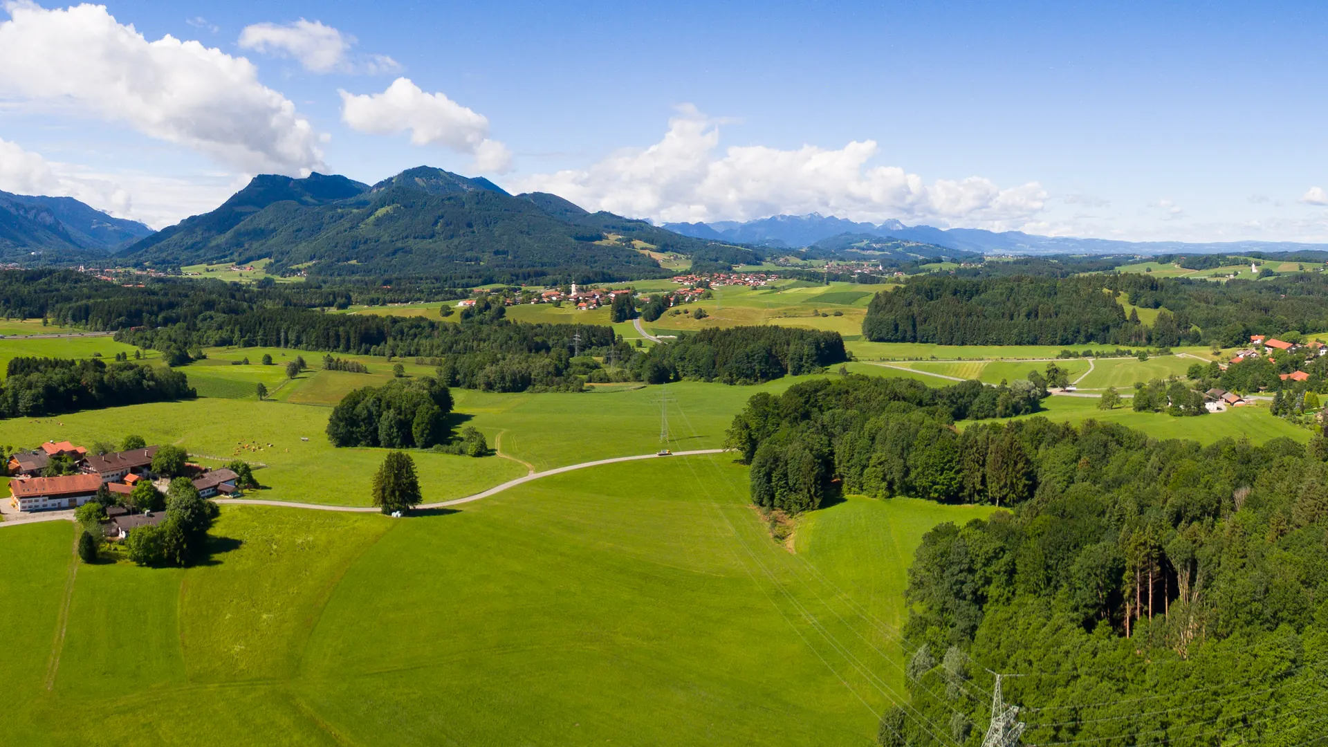 Grüne Wiesen und Wälder im Voralpenland mit Bergkulisse